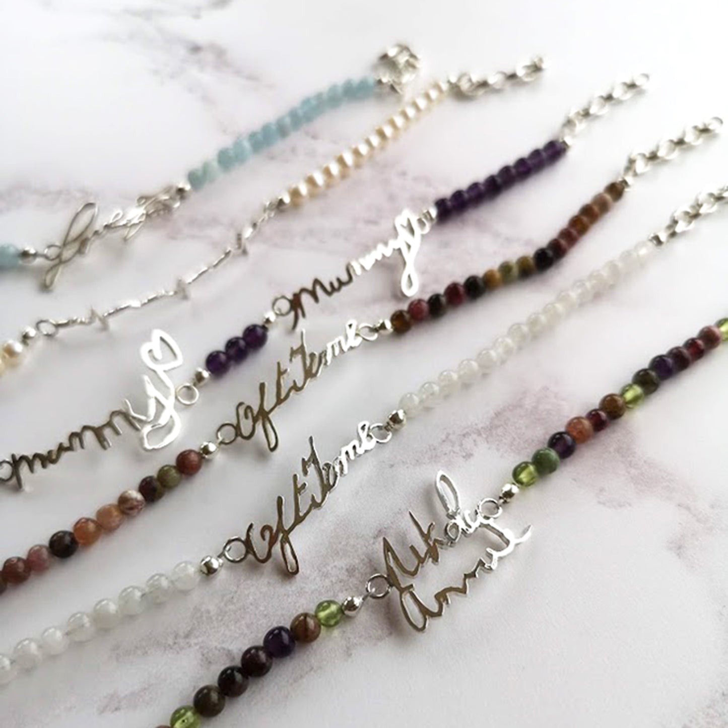Gemstone Handwriting Bracelet with Two Pieces of Handwriting