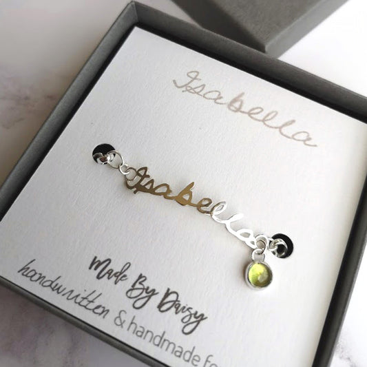 Handwriting bracelet with birthstone charm