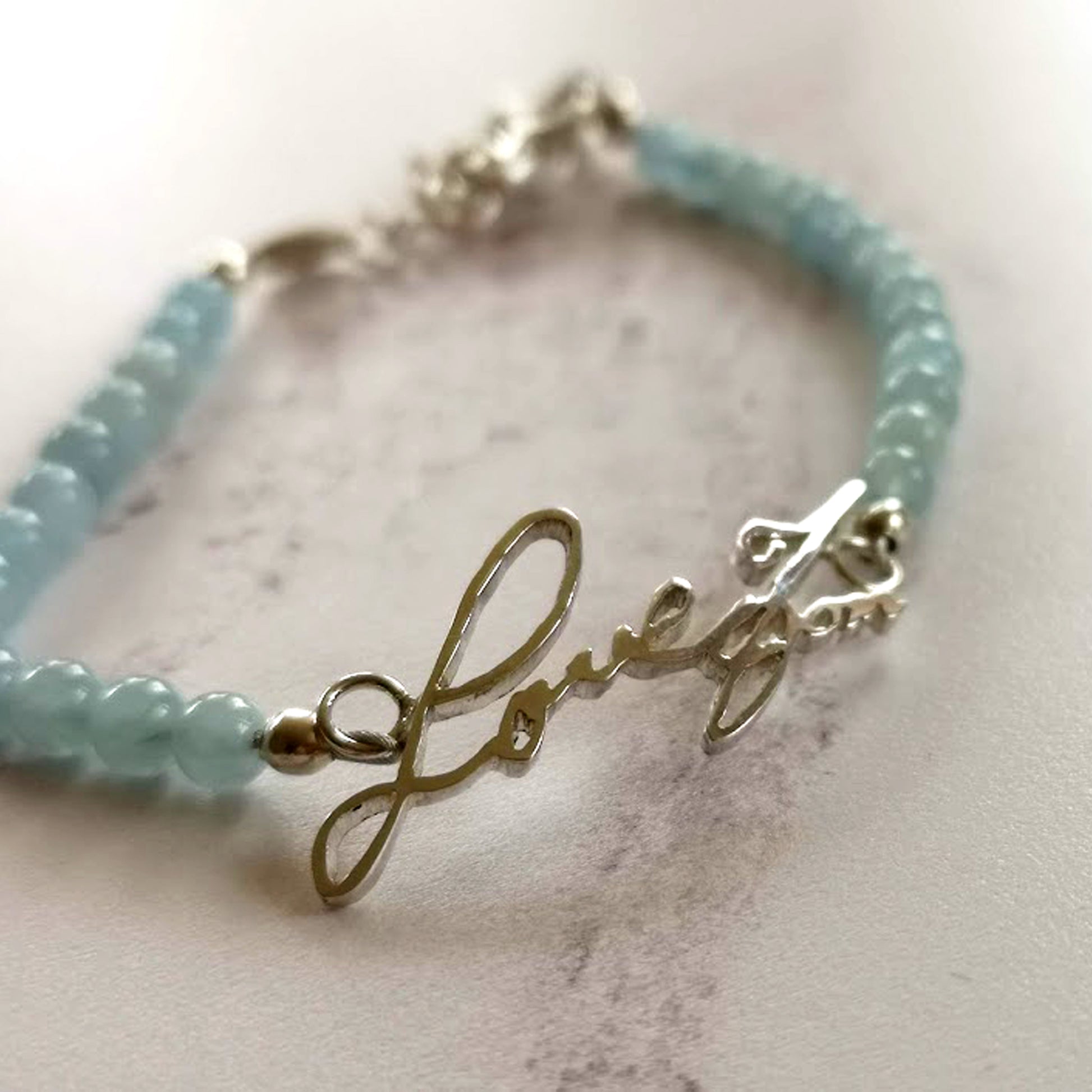 Aquamarine bracelet with your loved ones handwriting