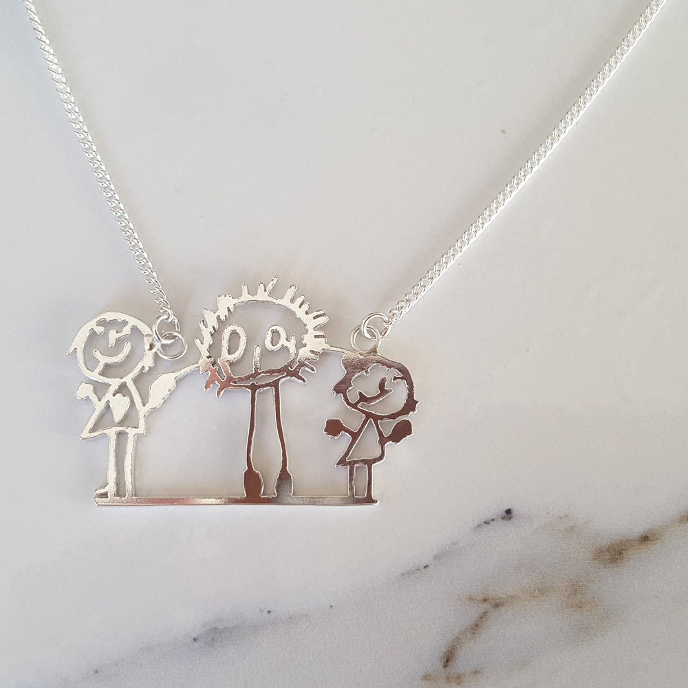 Your childrens drawing family portrait necklace in sterling silver
