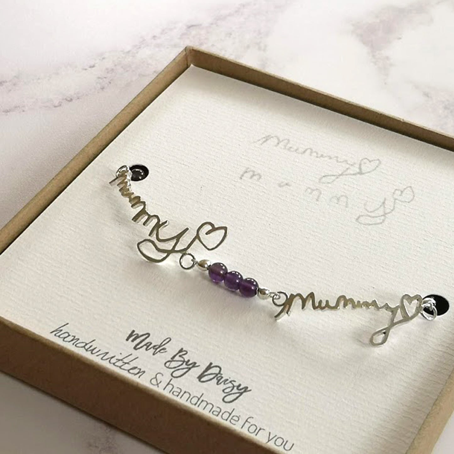 Actual handwriting bracelet with amethyst 