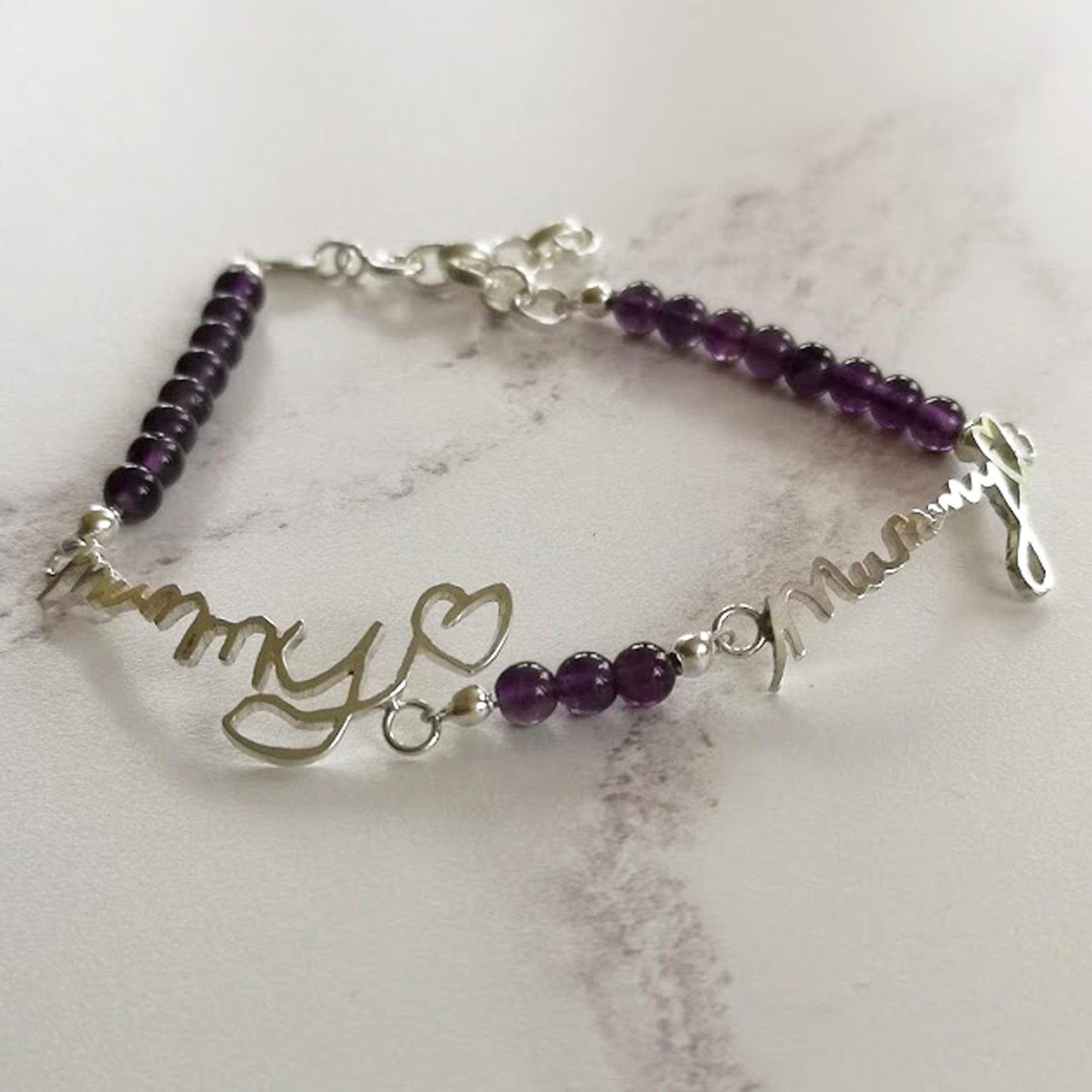 Actual handwriting bracelet in sterling silver with amethyst 