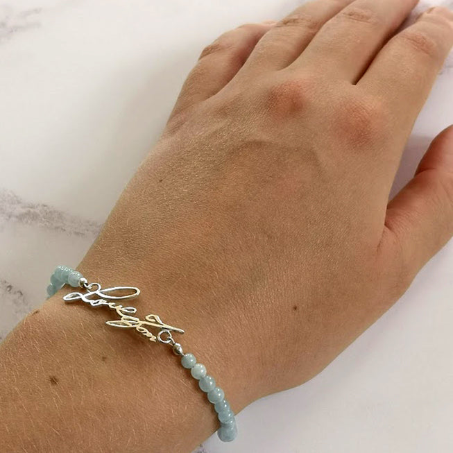 Aquamarine bracelet with actual handwriting in silver